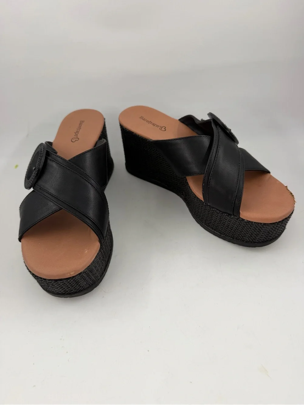 BareTraps Women’s Sydney Black -SZ 7.5- Buckled Cork Platform Wedge Sandals